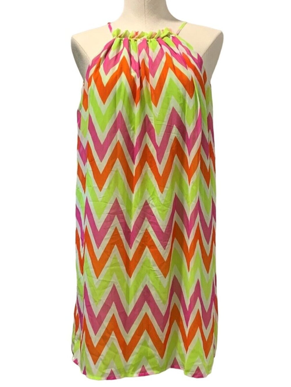 Chevron Print Sleeveless Halter Dress Size Small Green Pink Orange By Tacera NEW